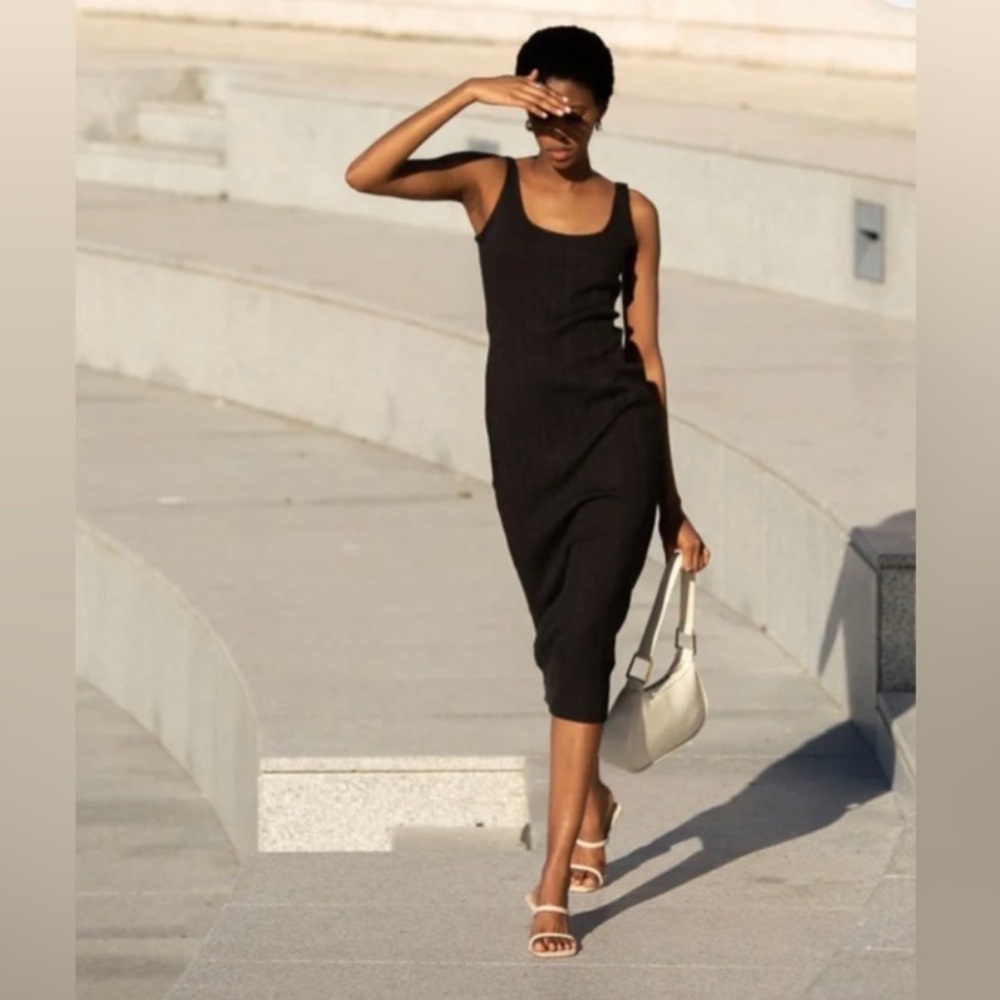 Zara Black Ribbed V-Neck Midi Dress Sleeveless Stretch Large
